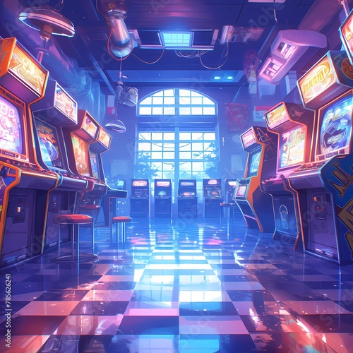 Step into a time machine and experience the vibrant atmosphere of an 80s-themed arcade room with classic video games.