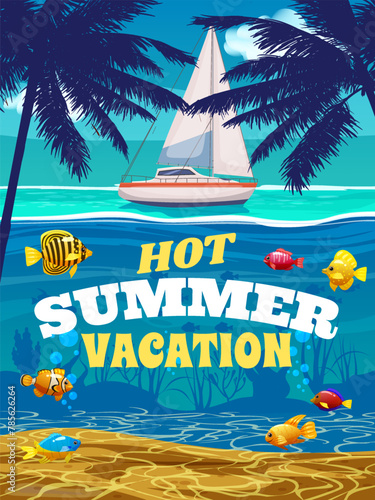 Hot Summer Vacation poster. Ocean sea, underwater © hadeev
