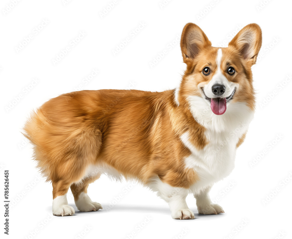 Pembroke welsh corgi dog in full body side profile view on isolated background