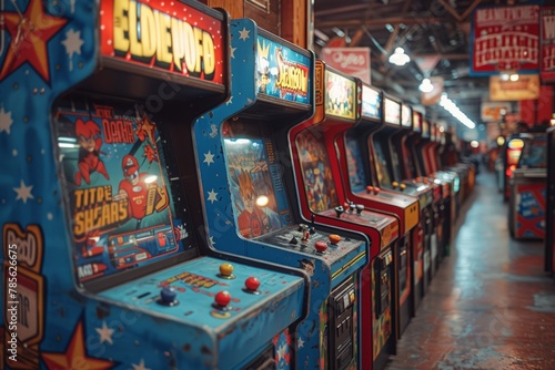 Multiple arcade machines lined up in a row inside a store, displaying colorful screens and buttons for customers to play and enjoy