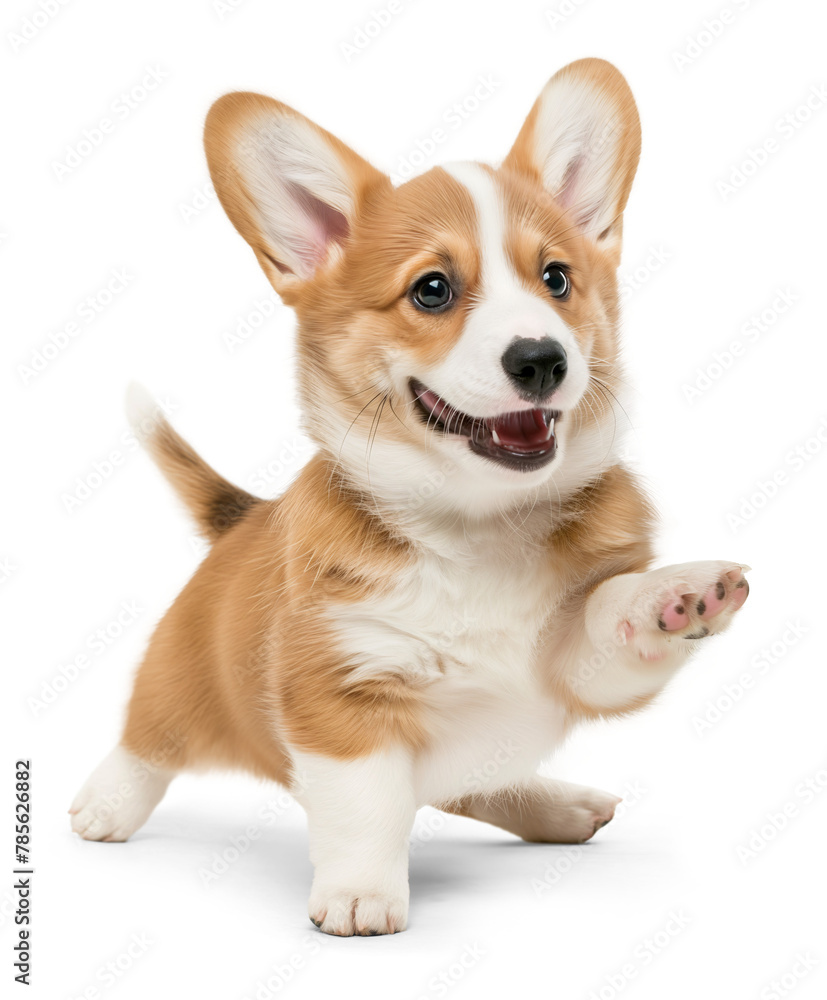 Happy playful fawn welsh corgi with one leg up, happy and excited to play