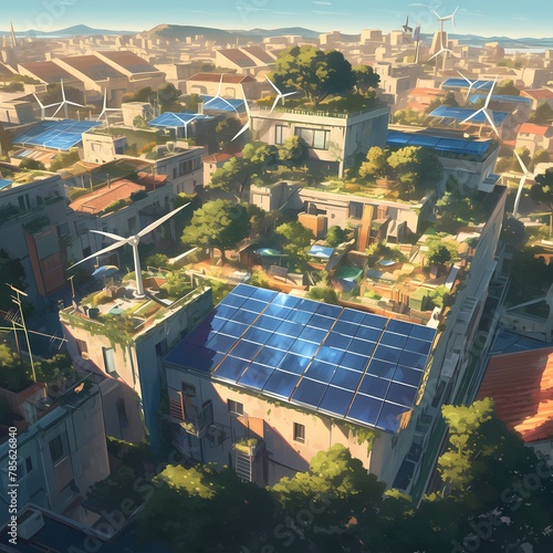 Eco-Friendly Metropolis: Rooftop Solar Panels and Green Architecture Aerial Perspective