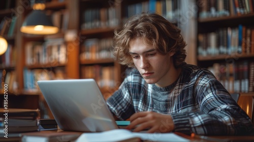 Teenager Studying Remotely with Books and Laptop Generative AI photo