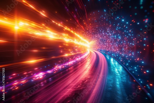 Long exposure shot capturing the vibrant colors of various lights streaking through a tunnel, creating a mesmerizing and dynamic visual effect