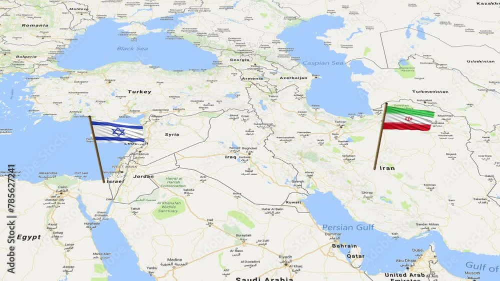 Iran and israel flags showing on world map with 3d rendering