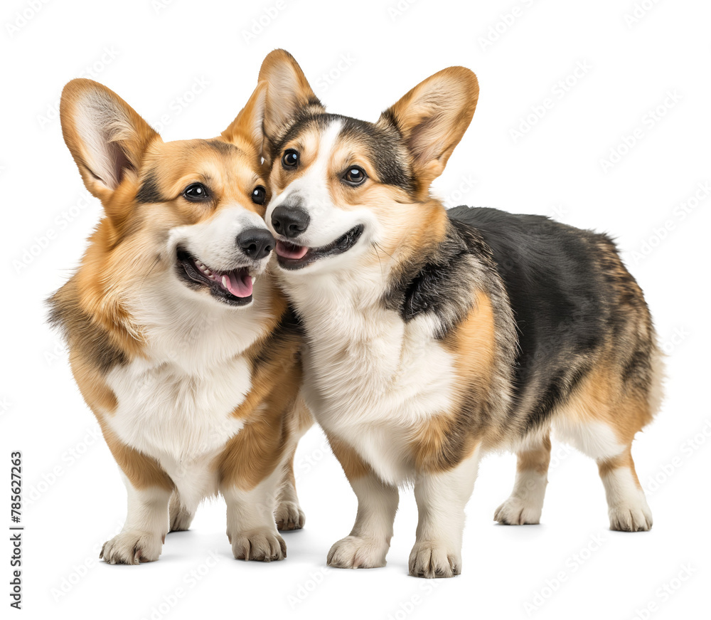 Adorable welsh corgi couple in love, side by side on isolated background