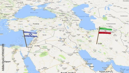 Iran and israel flags showing on world map with 3d rendering photo