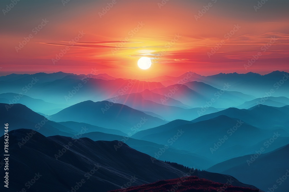 The sun is setting behind a rugged mountain range, casting warm hues across the landscape