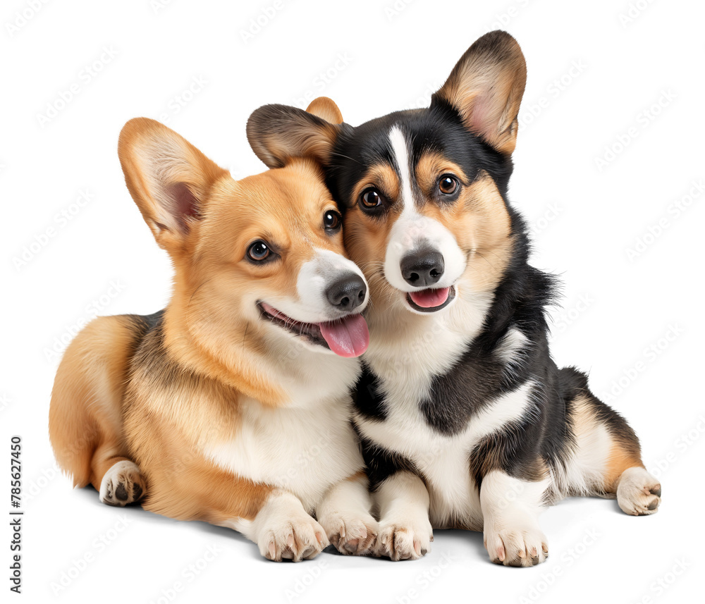 Cute portrait of a two welsh corgi dogs family couple with different colors