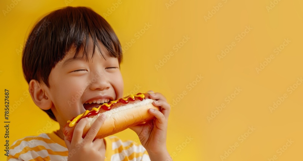Studio Photo Of a Happy Asian Boy Eating a Big Hot Dog With Ketchup And Mustard, On a Yellow Background With Copy Space