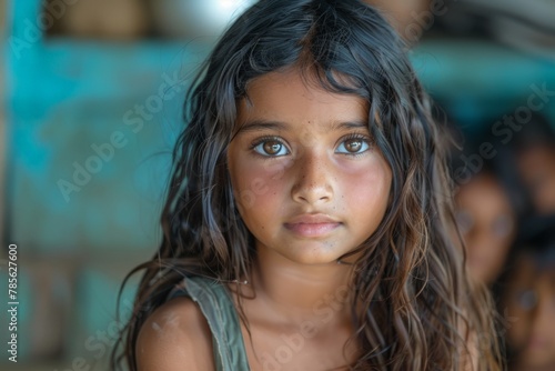 A young girl with long hair and blue eyes looking directly at the camera