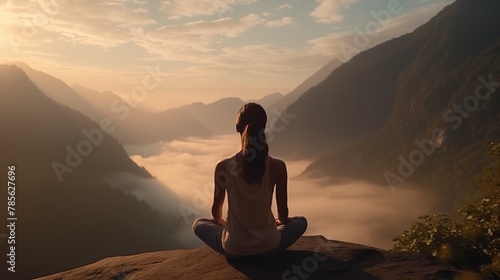 Serenity and yoga practicing meditation at mountain range.