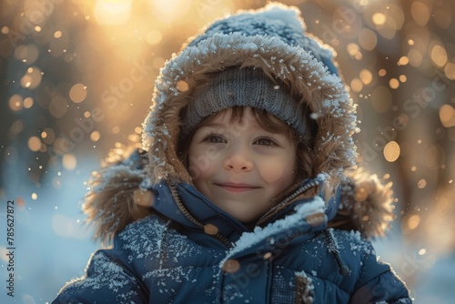 A young child wearing a blue coat and hat is enjoying playing in the snow