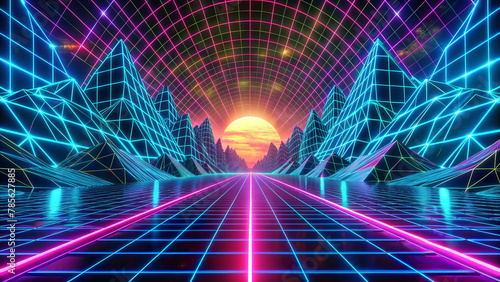 Vibrant neon colours create a striking retro-futuristic landscape, with a grid floor stretching towards the digital horizon where the sun sets. Geometric mountains and a curved grid in the sky.AI gene