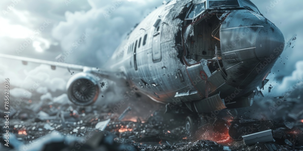 Plane crash, debris on the ground, Generative AI. Plane crash, debris on the ground, Generative AI.
