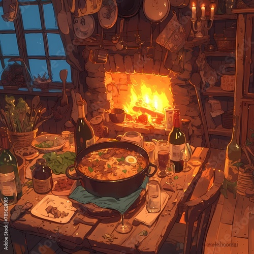 Inviting Kitchen Scene with Roasted Dish and Wine