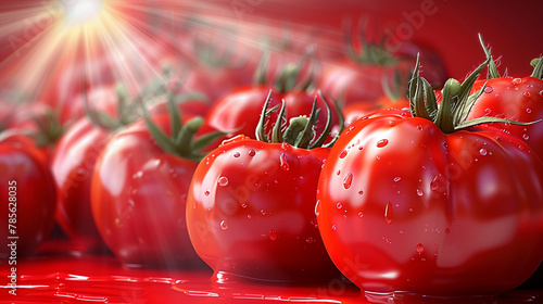Background of juicy ripe tomatoes in water droplets in 3D vector style, macro shot, close-up