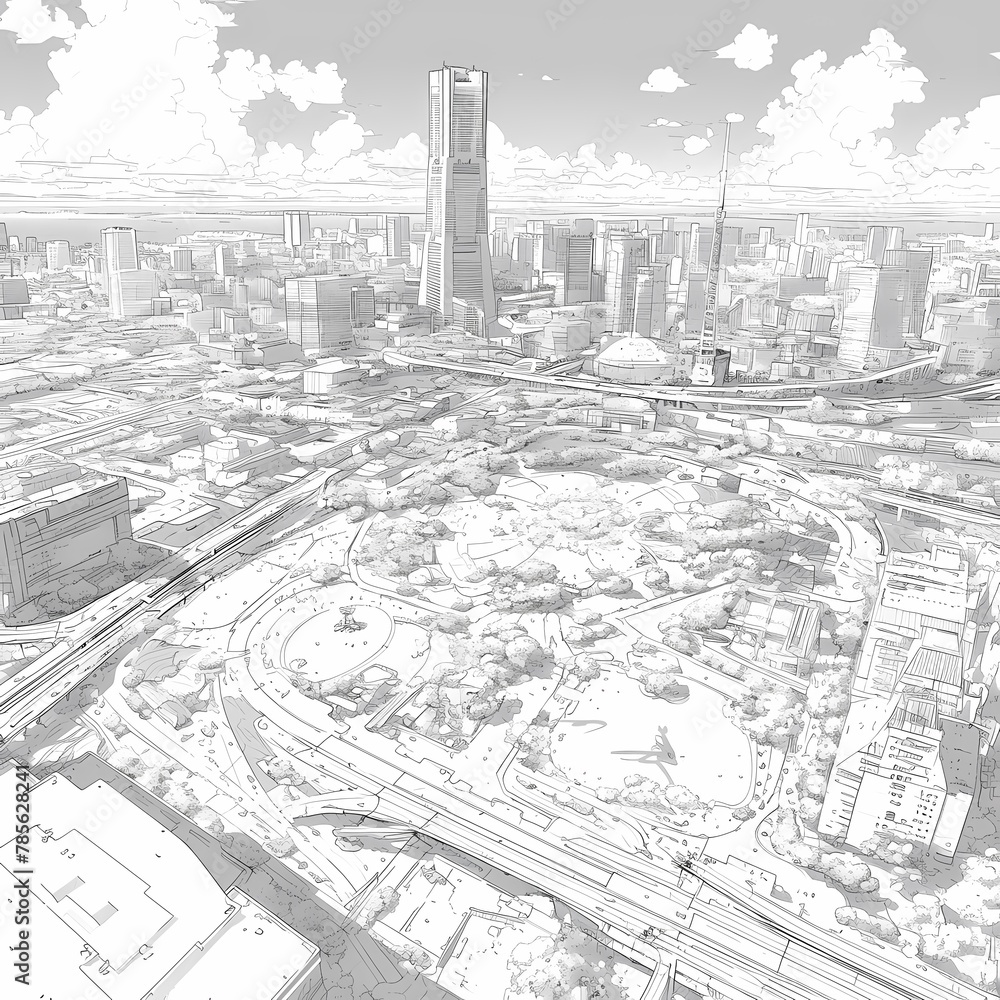 Sleek City Skyline Sketched in White and Grey Hues