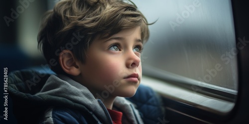 A lonely sad boy looks through the window of a moving train. Homeless orphan. Generative AI.