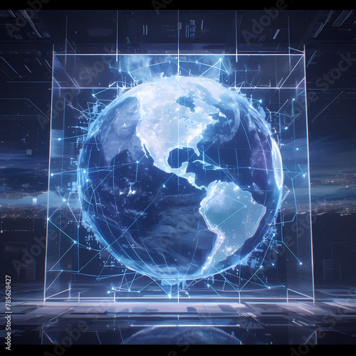 Illuminated Earth Hologram in Neon Cityscape - Futuristic 3D Rendering for Tech or Space Concepts