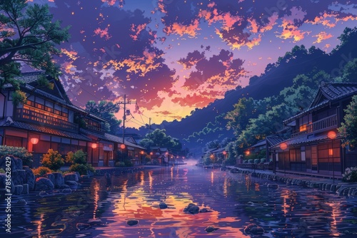 The painting depicts a vibrant sunset casting warm hues over a flowing river, creating a stunning visual with reflections on the water