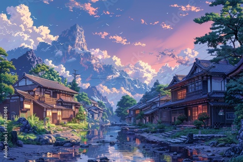 A detailed painting of a mountain village nestled along a winding river, showcasing rustic buildings and lush greenery