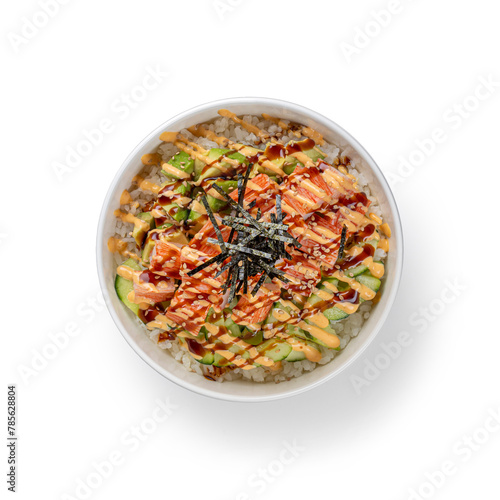 Overhead view of Starter Poke Bowl with Kani Cucumber Avocado and other ingredients on white background with Clipping PATH