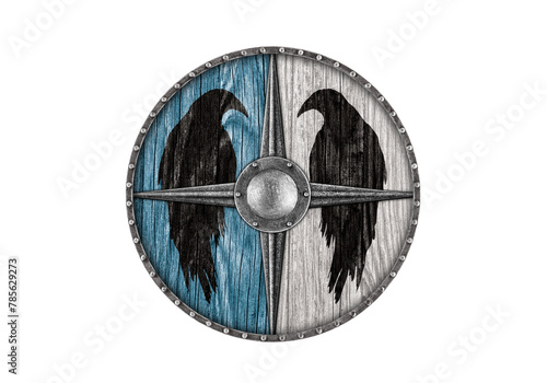 Old wooden round shield decorated with painted birds isolated on white background