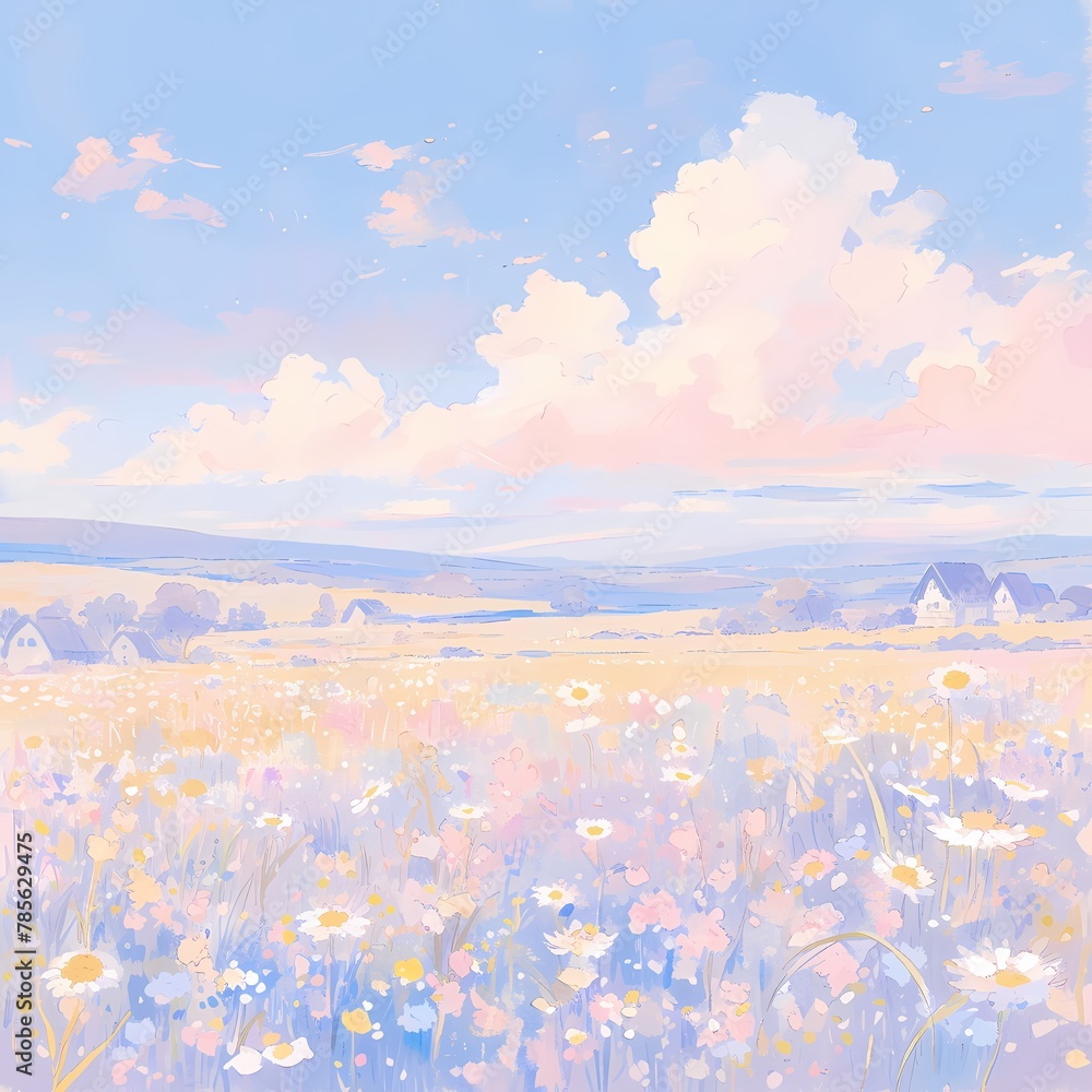 Embrace the tranquility of nature with this breathtaking meadow scene. Soft hues and vibrant flowers create a picturesque landscape for any project.