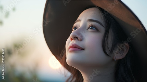 Intimate close up portrait of korean woman in fashionable hat gazing emotionally at the sky