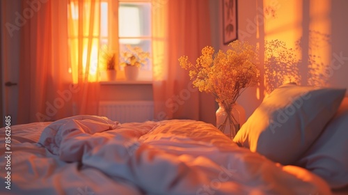 Modern Bedroom with Soft Peach Bedding and Trendy Decor Generative AI