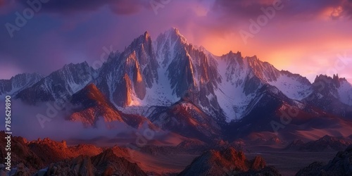 Panoramic view of snow mountains range landscape. Generative AI. © Nadejda