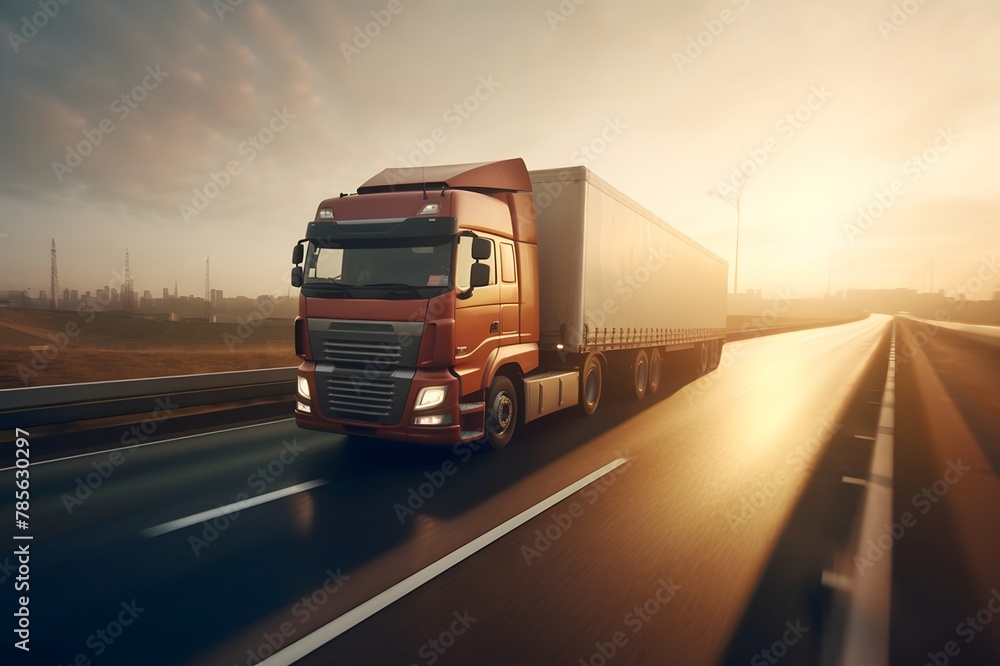 Truck with container on highway, cargo transportation