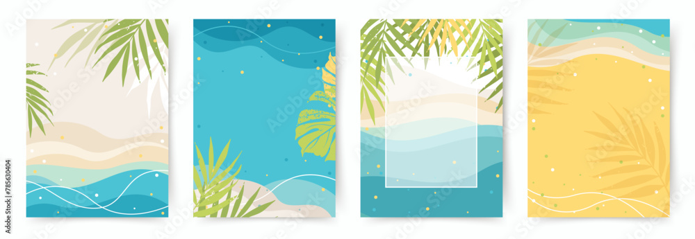 Fototapeta premium Colorful Summer and Travel Background. Theme of vacation and Beach. Editable vector templates with Exotic Nature elements for poster, banner, cover, card, story, summer Sale