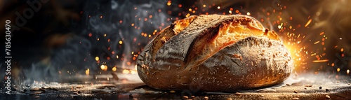 A freshly baked, crusty loaf of sourdough bread, cinematic, food professional photography, studio lighting, modern restaurant background, Michelin star, splash fire, advertising photography, intricate photo