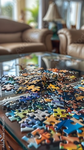 Colorful Jigsaw Puzzle Spilling Out on Glass Coffee Table in Cozy Living Room