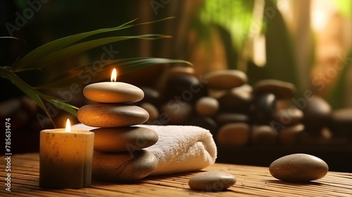 Spa Concept Massage Stones With Towels And Candles In Natural Background.