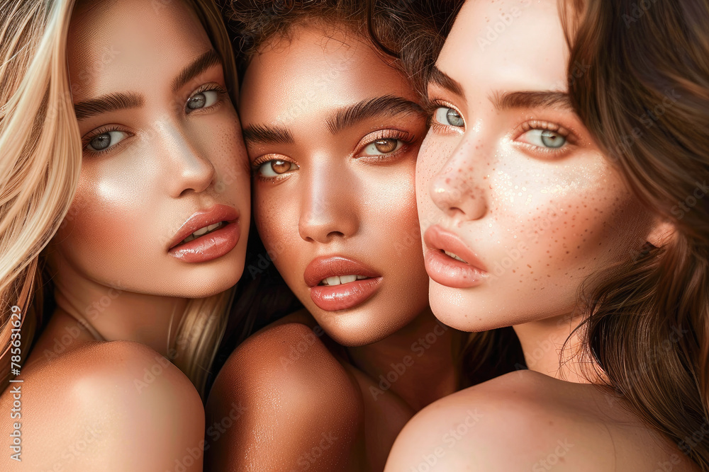 Fashion portrait of a diverse group of young women with natural make up and healthy skin. Three multi-ethnic models with different skin tones on isolated background. 