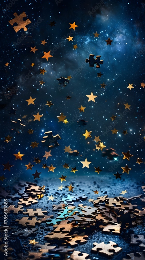 Puzzle Pieces Floating in a Starry Night Sky,Cosmic Fragments Scattering Through the Vast Universe Puzzle Pieces Floating in a Starry Night Sky,Cosmic Fragments Scattering Through the Vast Universe