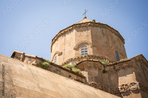 Detail shot on ancient catholic church tower build by Armenians, Turkey