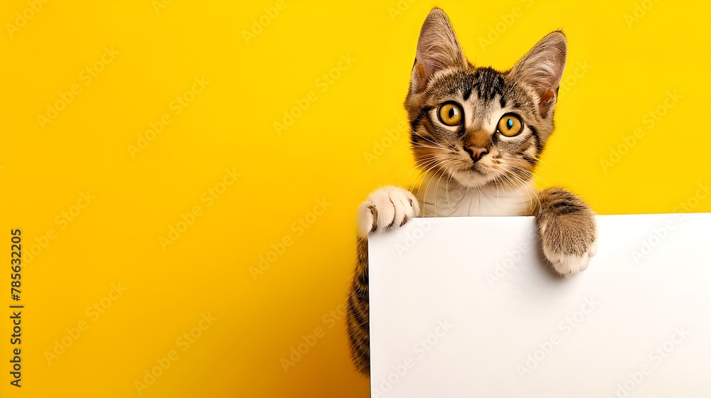 Curious tabby kitten peeking over blank white sign. Perfect for pet promotions, vibrant yellow background. Adorable feline with copy space. AI