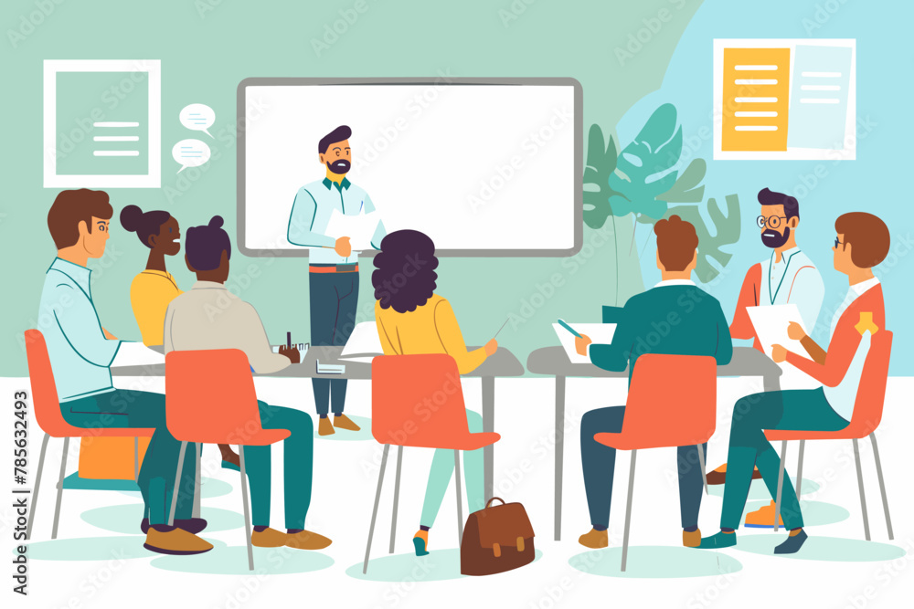 Diverse Business Team Attentively Listening to Teacher During Educational Presentation Training Vector Illustration