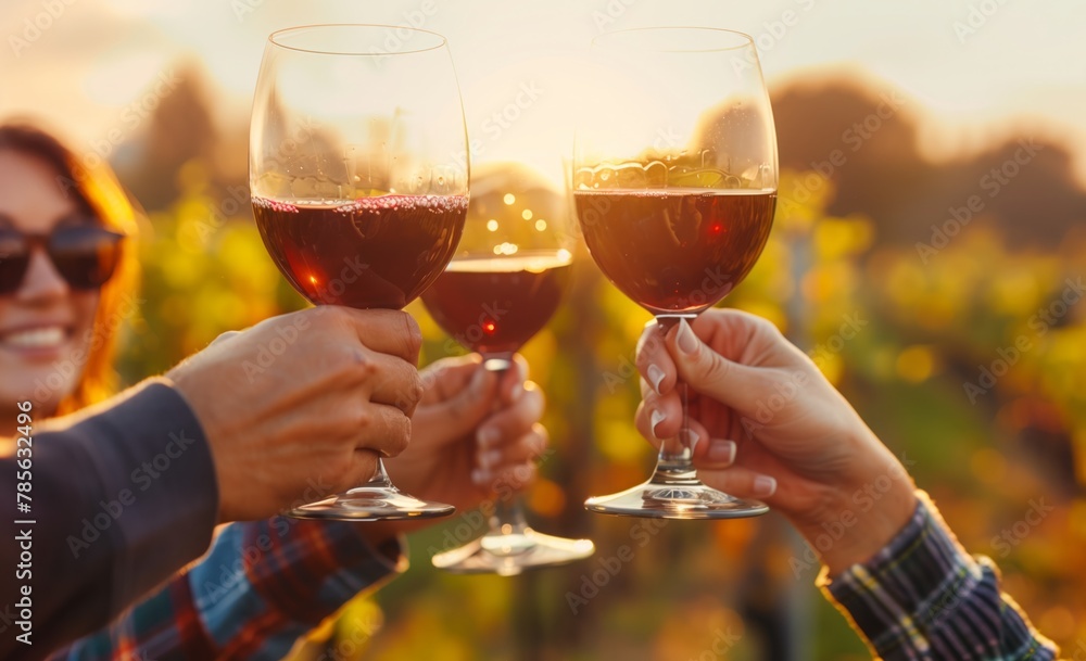 Close up hands holding glass and clinking together. Sunset on the background of vineyards.