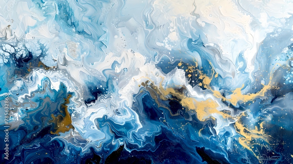 Abstract Ocean Waves Painting in Blue, White and Gold. Modern Artistic Background for Creative Design Projects. AI