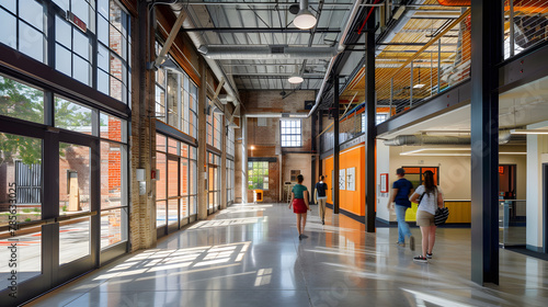 An adaptive reuse project transforming an old industrial warehouse into a vibrant arts center preserving the historical architecture while introducing modern design elements.