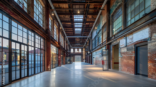 An adaptive reuse project transforming an old industrial warehouse into a vibrant arts center preserving the historical architecture while introducing modern design elements. photo