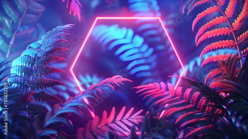 Fototapeta Naklejka Na Ścianę i Meble -  Neon Hexagon Illuminated by Noon Light Against a Backdrop of Wild Ferns: A Stunning Intersection of Nature and Technology