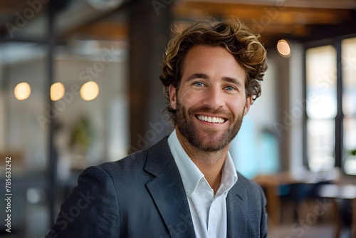 Professional Approachability: A Smiling Male Manager Basks in Natural Light within a Vibrant Office