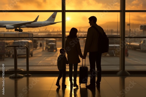 Silhouette of young family and airplane. Father with grandfathers. journey