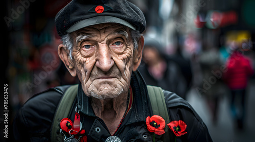 An aged veteran selling poppies on a busy street his medals displayed proudly. photo
